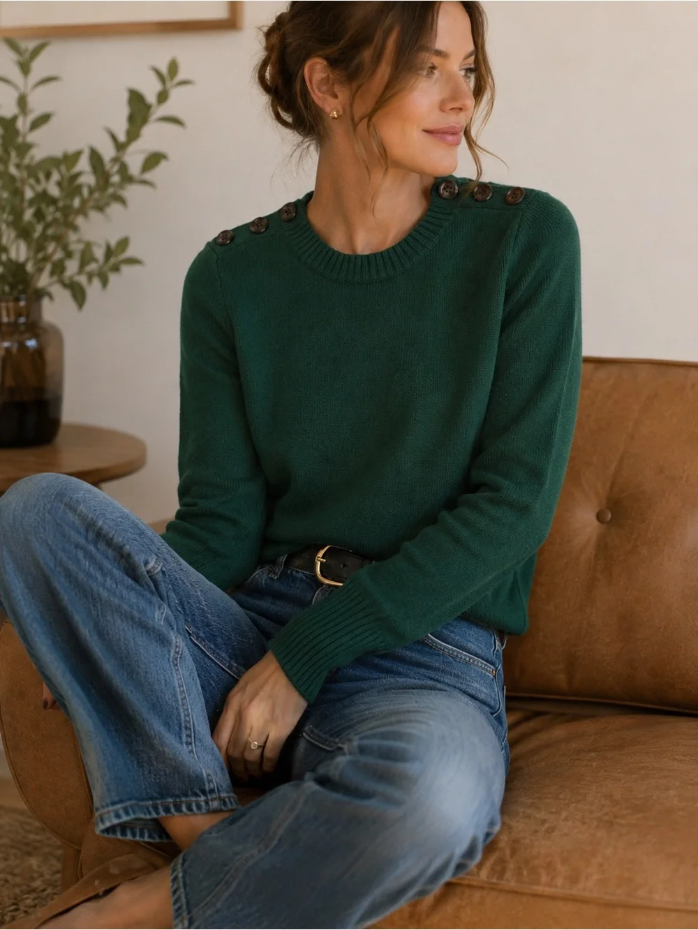 J.Crew XS Cashmere Blend Wool Sweater Green Button Shoulder Preppy